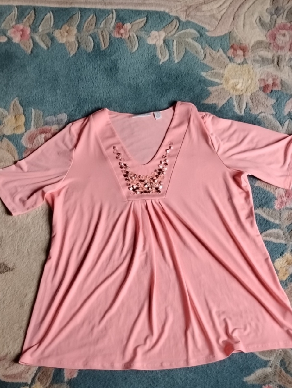 Susan Graver Women's Peach Embellished V-Neck Short Sleeve Top Medium